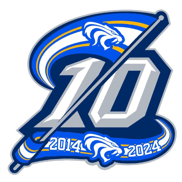 A graphical logo. A flag with a lion head and number 10. Year 2014 on the bottom.